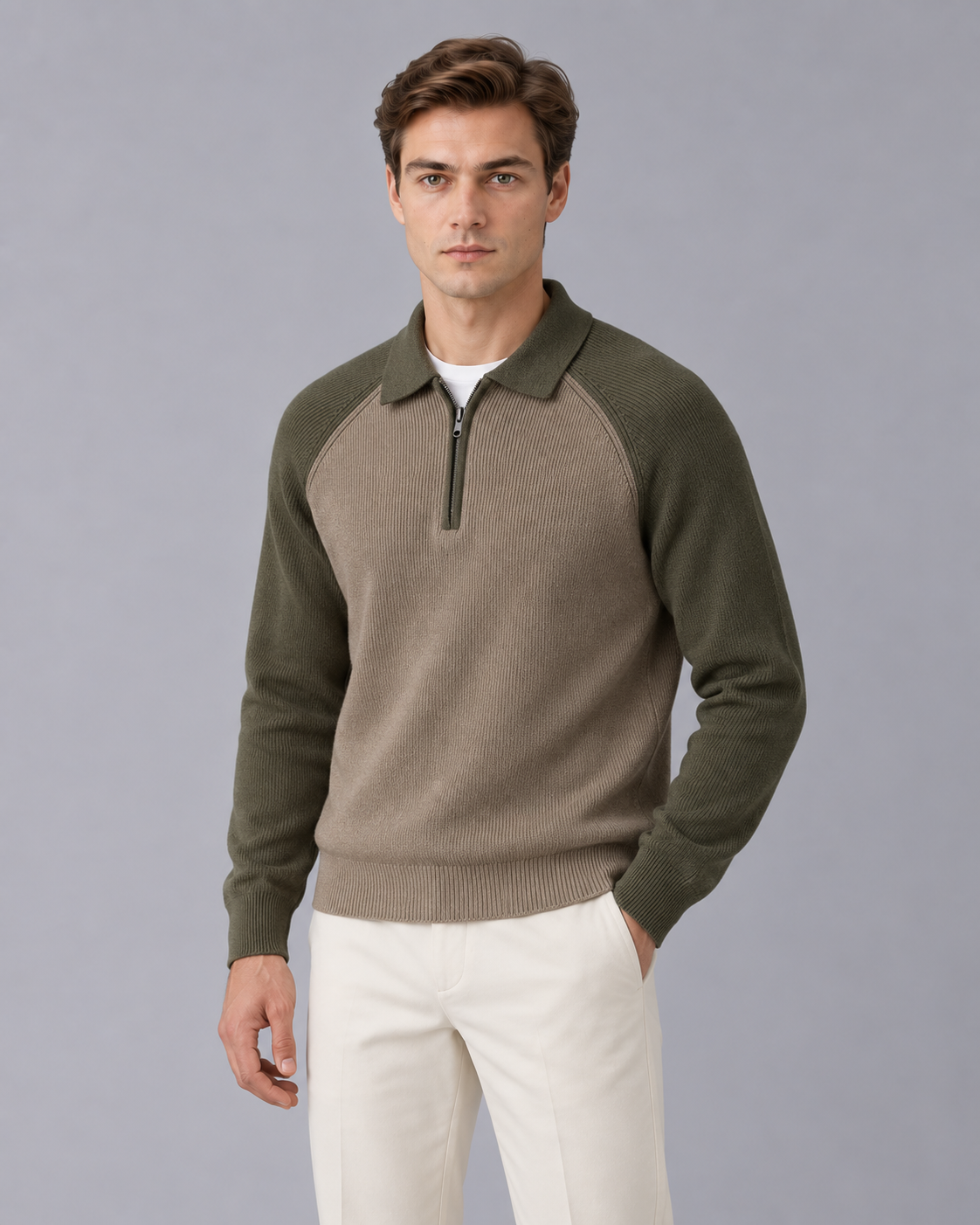 Men's Knitted Quarter-Zip Sweater with Collar and Raglan Sleeves