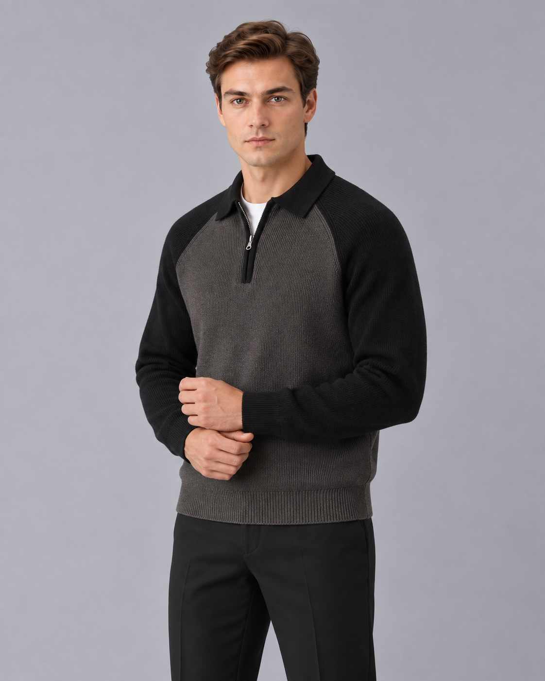Men's Knitted Quarter-Zip Sweater with Collar and Raglan Sleeves