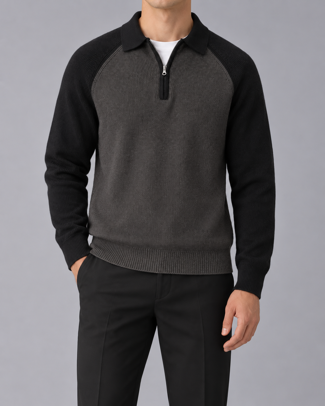 Men's Knitted Quarter-Zip Sweater with Collar and Raglan Sleeves