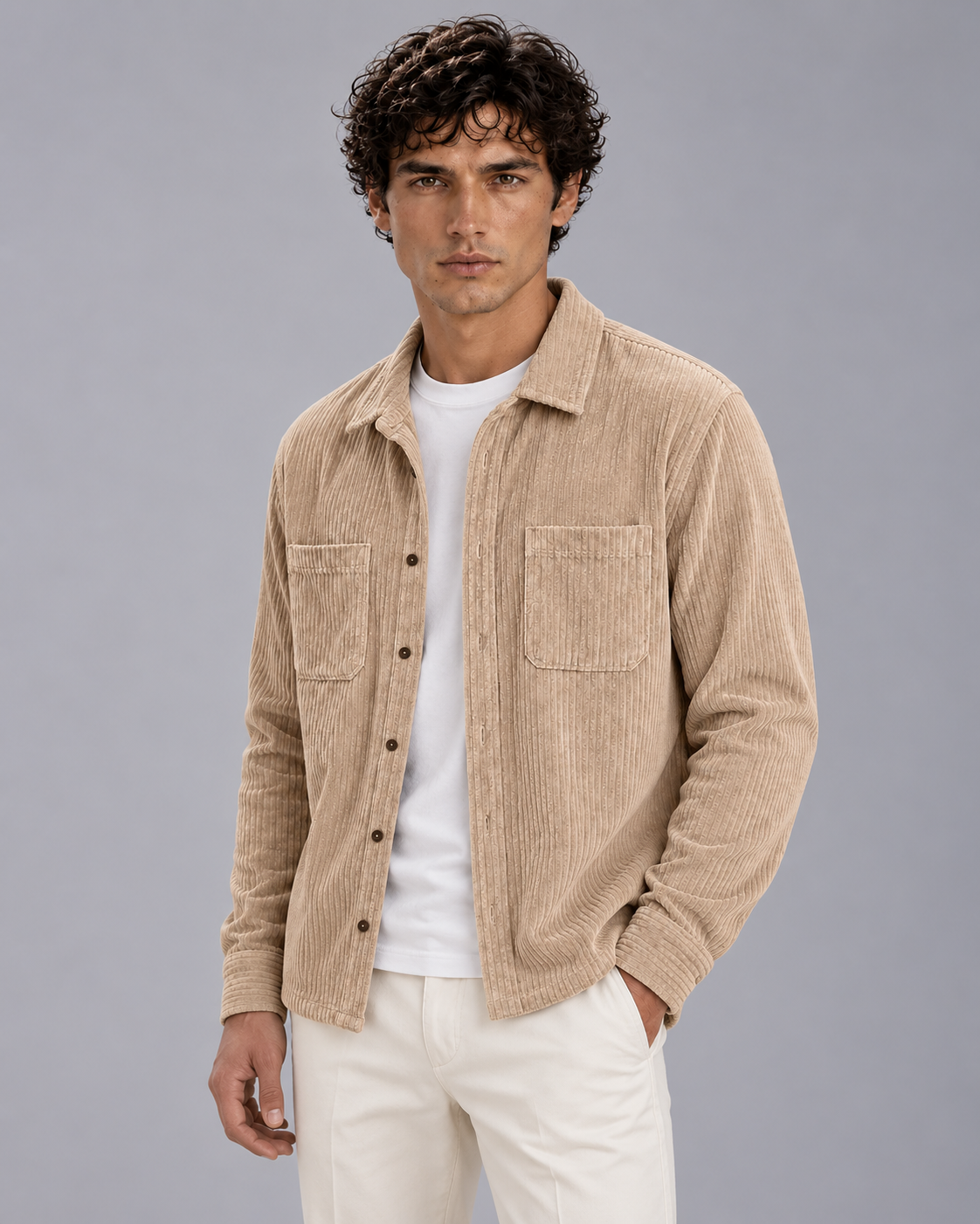 Men's Ribbed Corduroy Overshirt Jacket | Long Sleeve with Layering Top