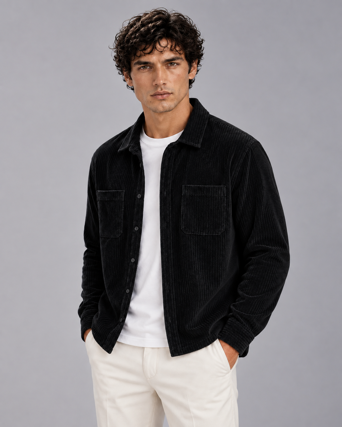 Men's Ribbed Corduroy Overshirt Jacket | Long Sleeve with Layering Top