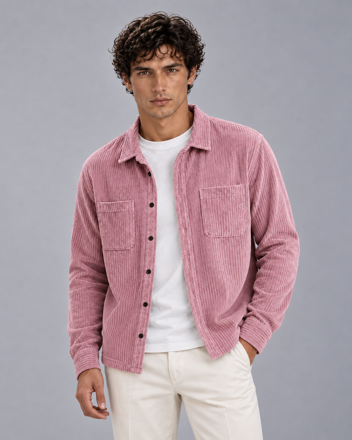 Men's Ribbed Corduroy Overshirt Jacket | Long Sleeve with Layering Top