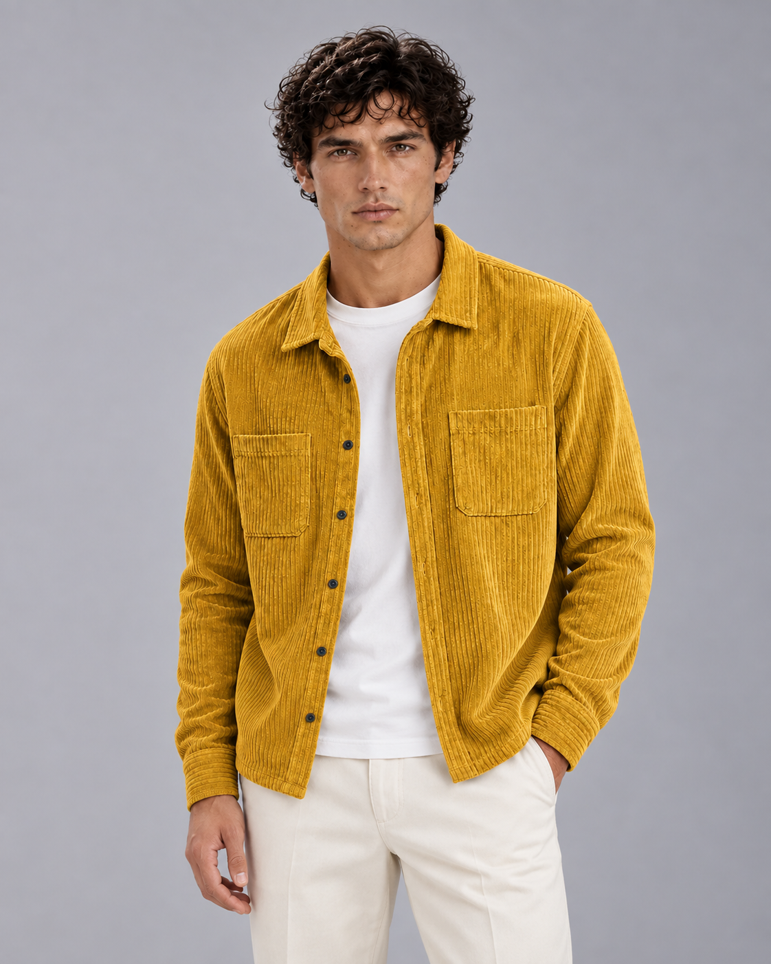 Men's Ribbed Corduroy Overshirt Jacket | Long Sleeve with Layering Top