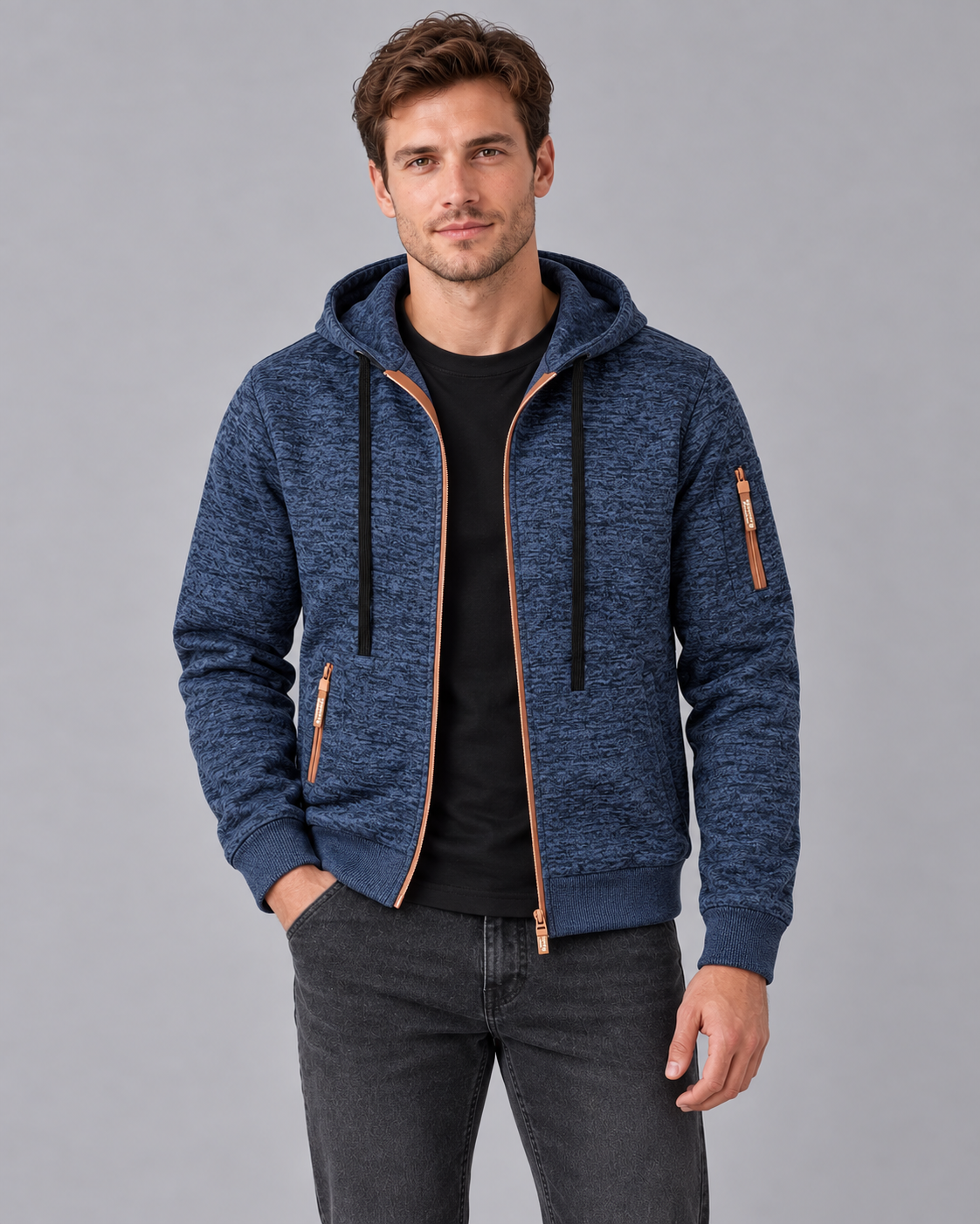 Men's Hooded Full-Zip Knitted Jumper | Slim Fit Casual Sweater