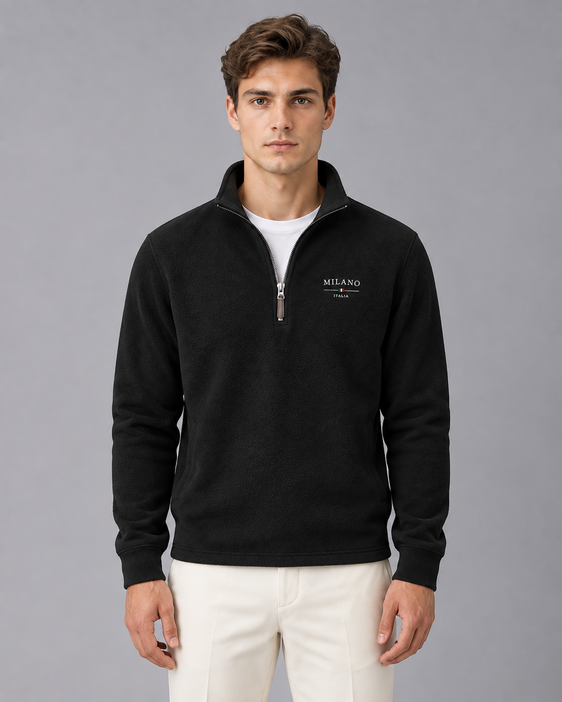 Men's Quarter-Zip Fleece Sweatshirt | Sweater with Henley Stand-Up Collar