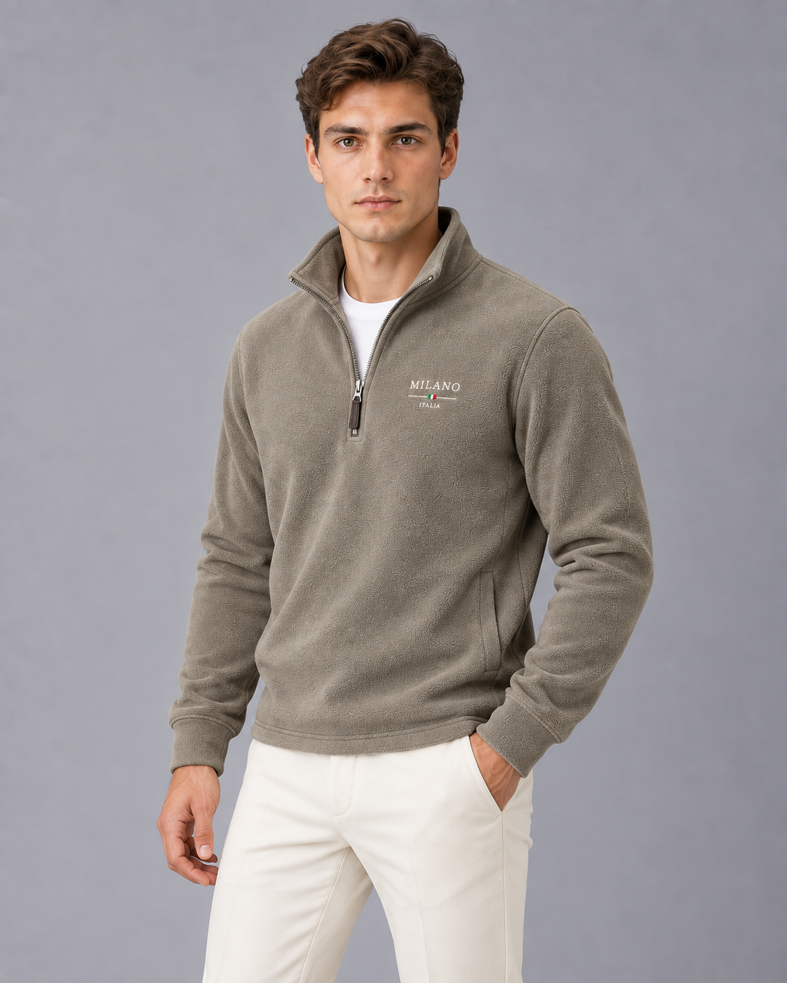 Men's Quarter-Zip Fleece Sweatshirt | Sweater with Henley Stand-Up Collar
