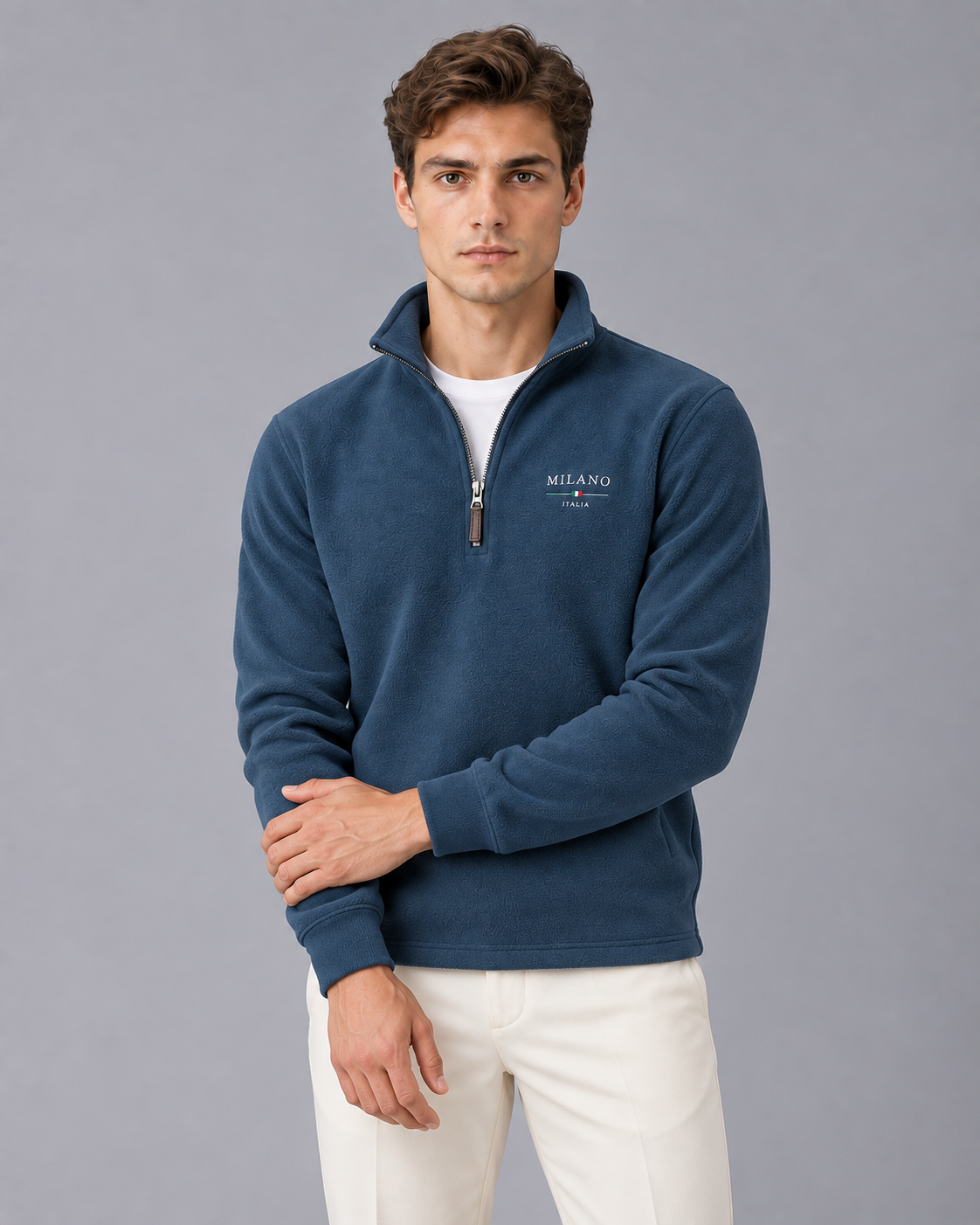 Men's Quarter-Zip Fleece Sweatshirt | Sweater with Henley Stand-Up Collar