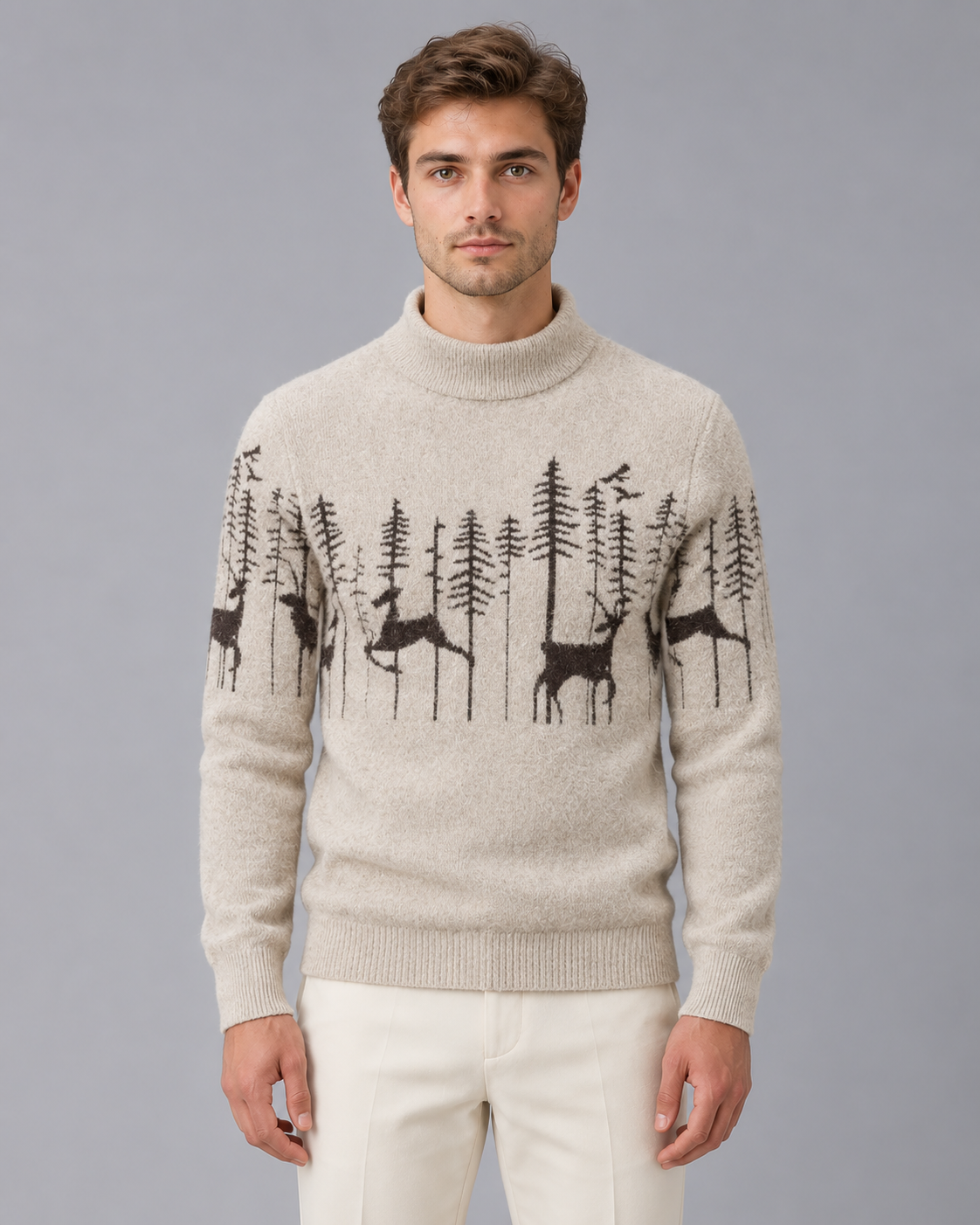 Men's Soft Knit Christmas Sweater | Festive Reindeer Mock Neck Jumper