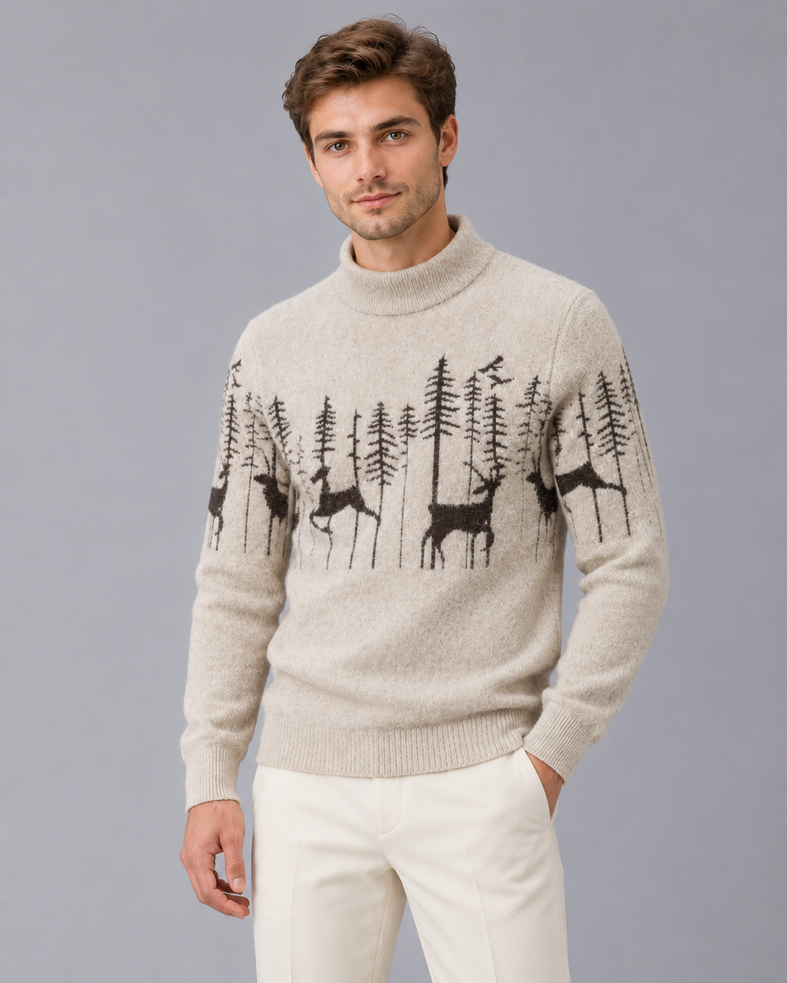 Men's Soft Knit Christmas Sweater | Festive Reindeer Mock Neck Jumper