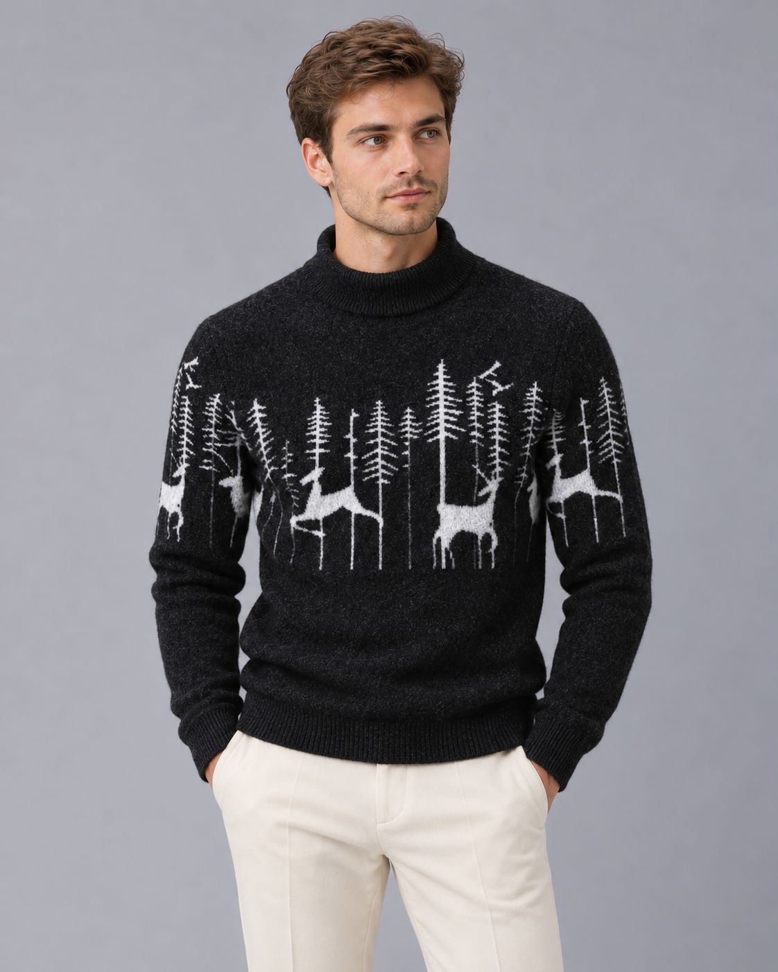 Men's Soft Knit Christmas Sweater | Festive Reindeer Mock Neck Jumper