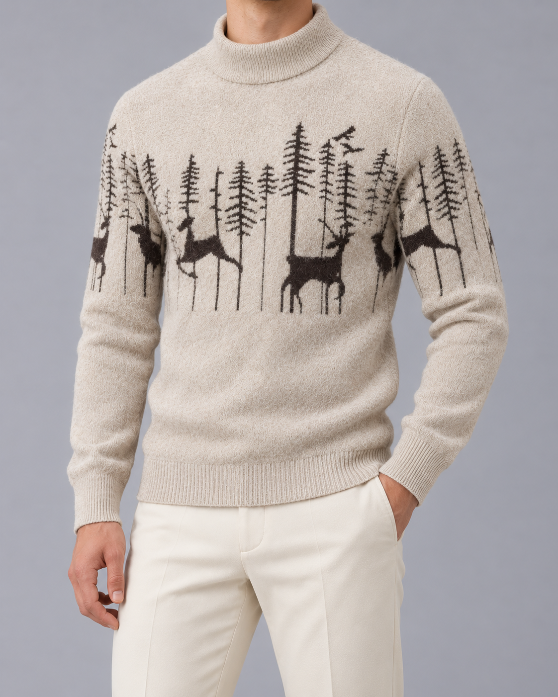 Men's Soft Knit Christmas Sweater | Festive Reindeer Mock Neck Jumper