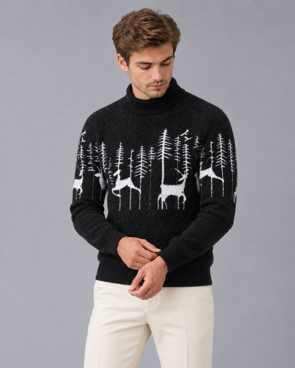 Men's Soft Knit Christmas Sweater | Festive Reindeer Mock Neck Jumper