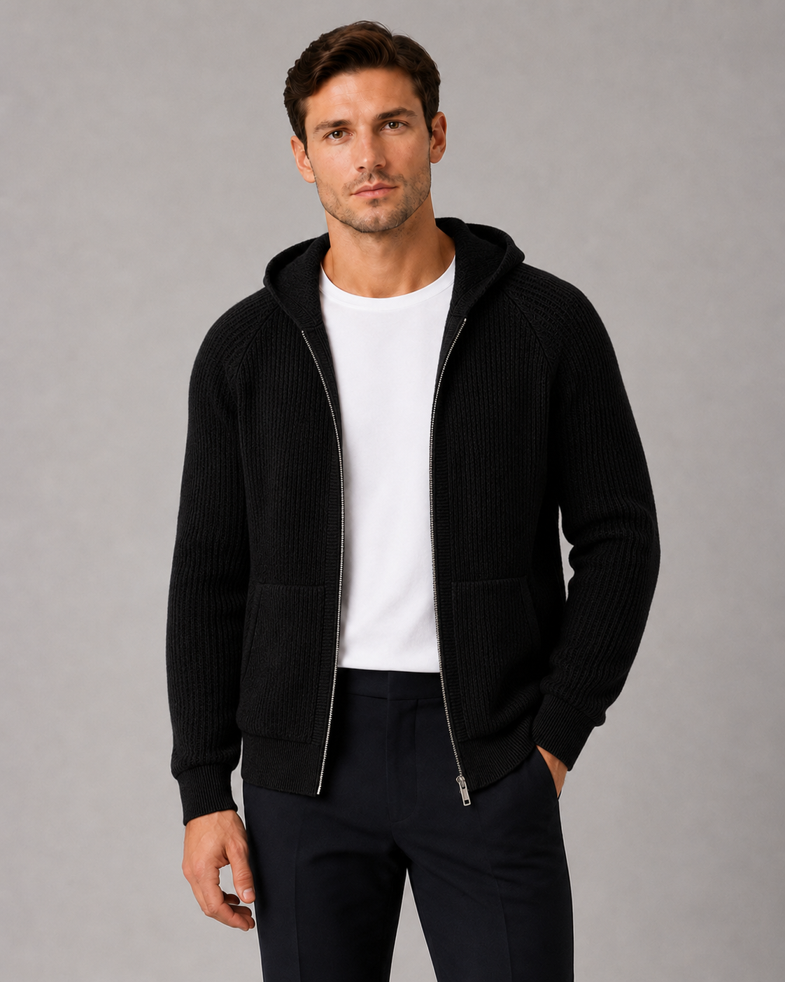 100% Cashmere Rib Knit Zip Hoodie