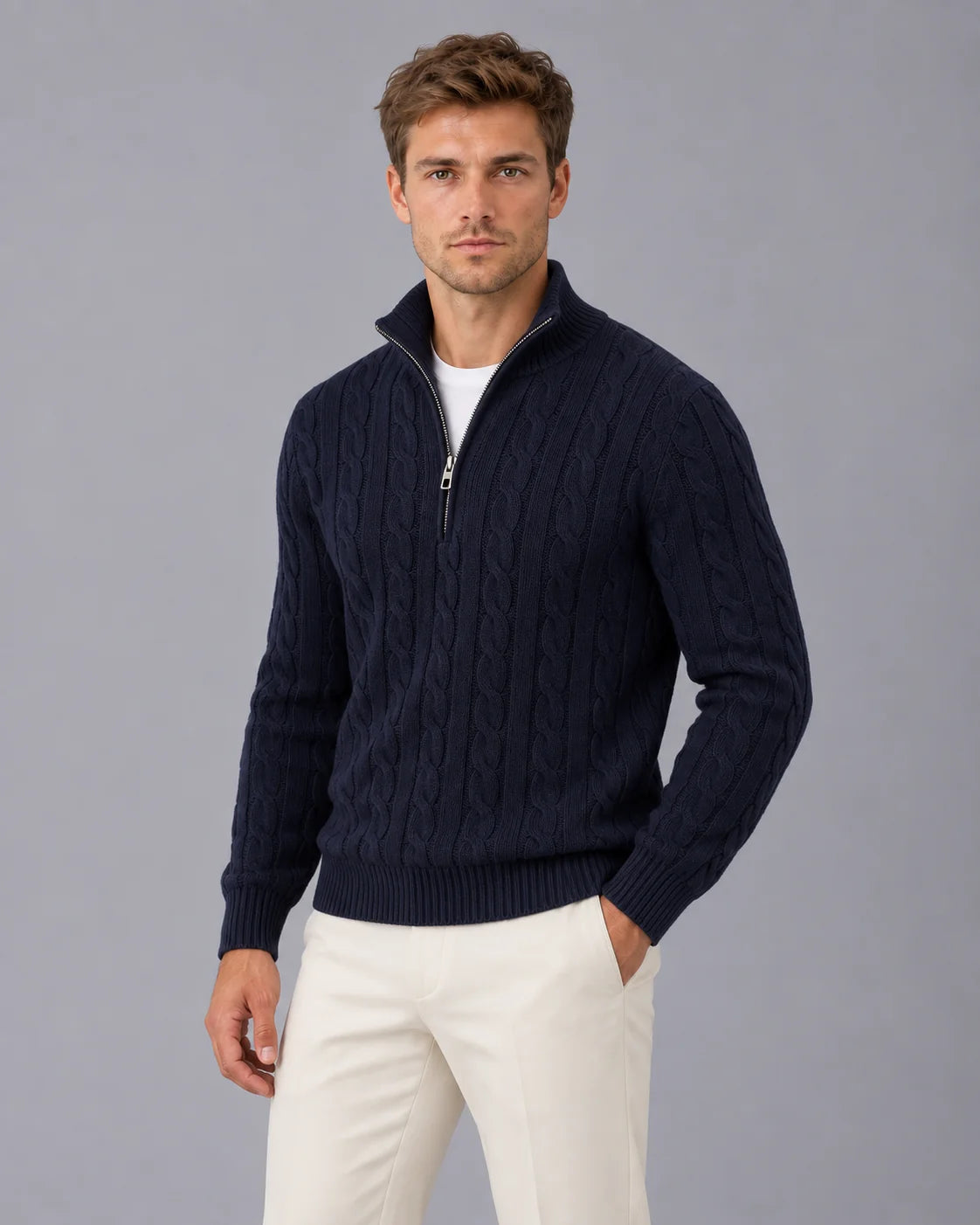 Men's Cable Knit Quarter Zip Sweater | Stylish Smart Fit Jumper for Autumn & Spring 0