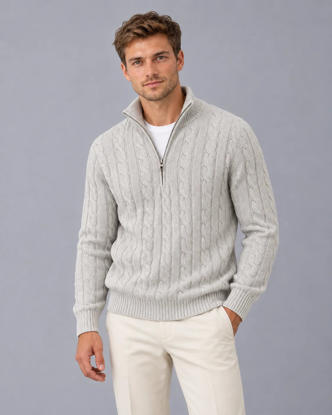 Men's Cable Knit Quarter Zip Sweater | Stylish Smart Fit Jumper for Autumn & Spring 1