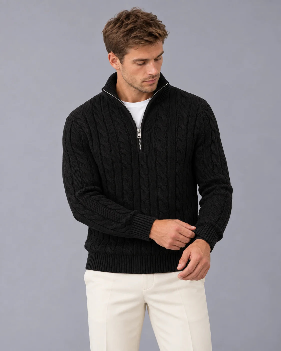 Men's Cable Knit Quarter Zip Sweater | Stylish Smart Fit Jumper for Autumn & Spring 2