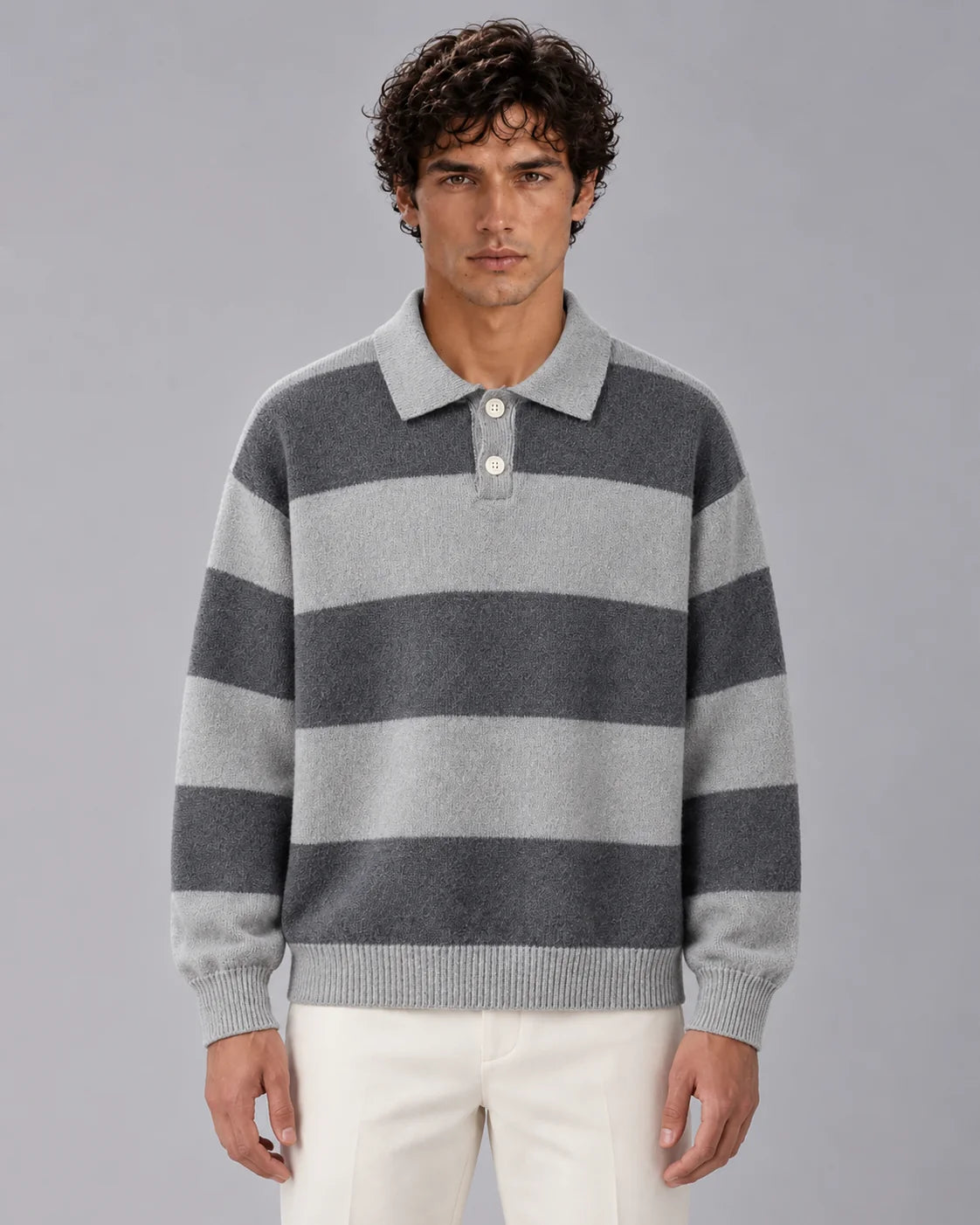 Men's Cotton Blend Rugby Stripe Polo Sweater | Relaxed Fit Long Sleeve Jumper 0