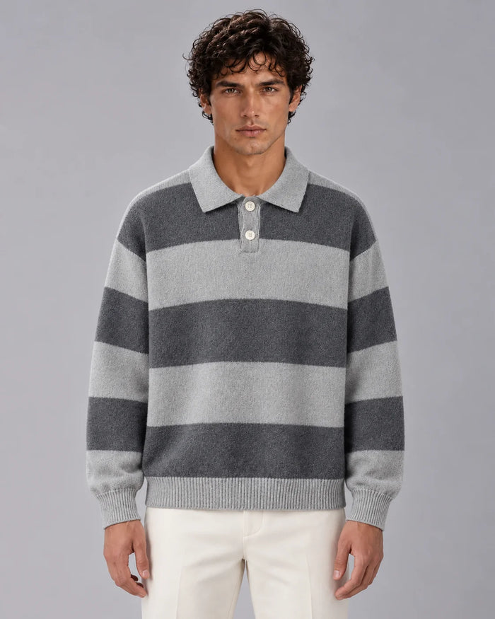 Men's Cotton Blend Rugby Stripe Polo Sweater | Relaxed Fit Long Sleeve Jumper 0