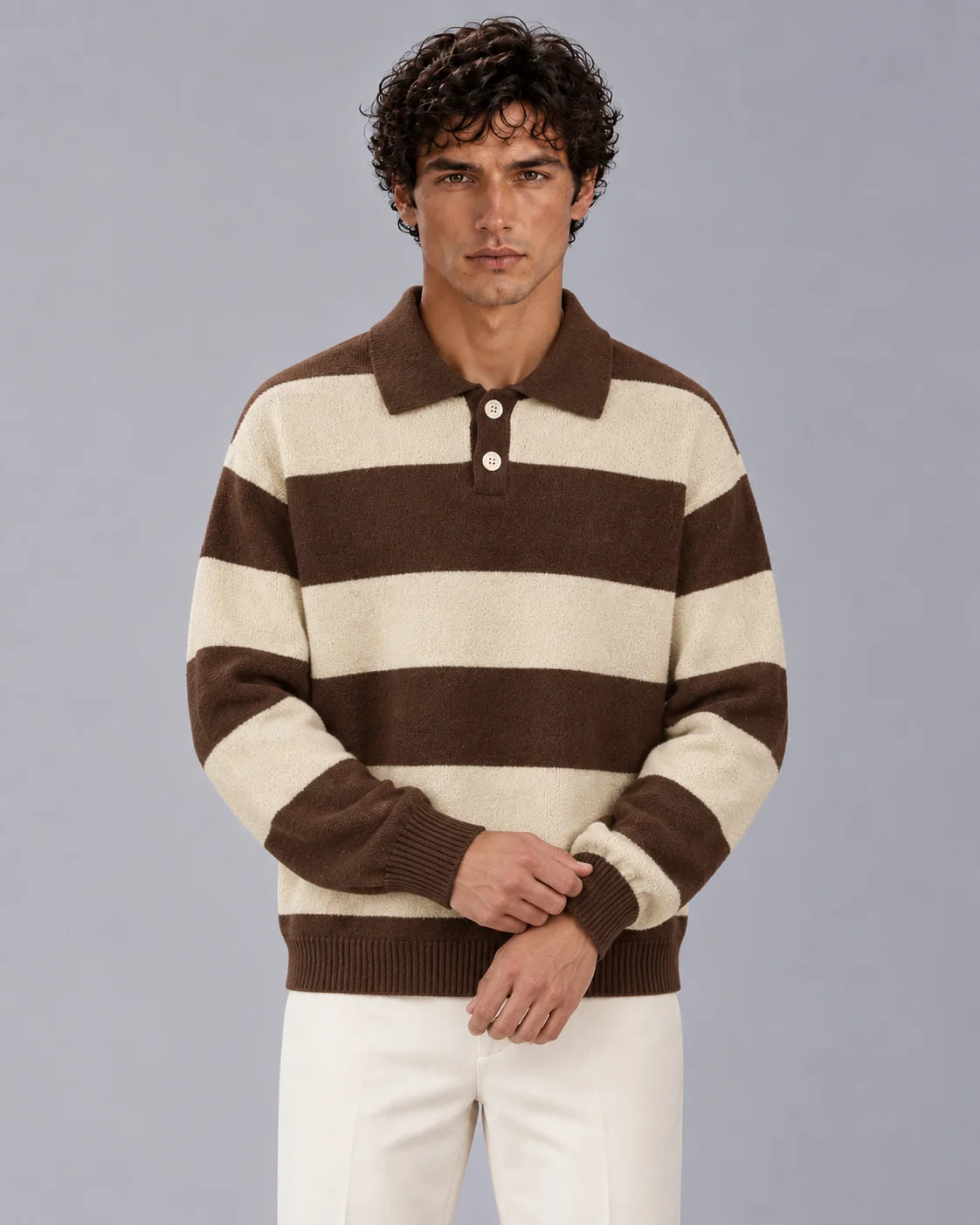 Men's Cotton Blend Rugby Stripe Polo Sweater | Relaxed Fit Long Sleeve Jumper 1