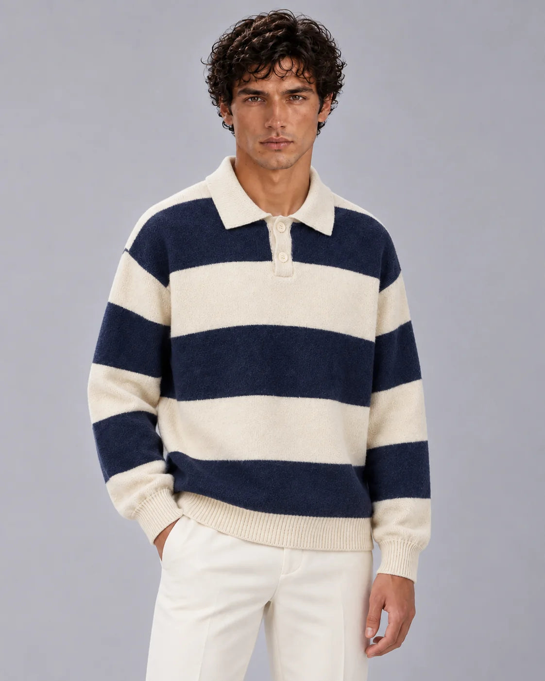Men's Cotton Blend Rugby Stripe Polo Sweater | Relaxed Fit Long Sleeve Jumper 2