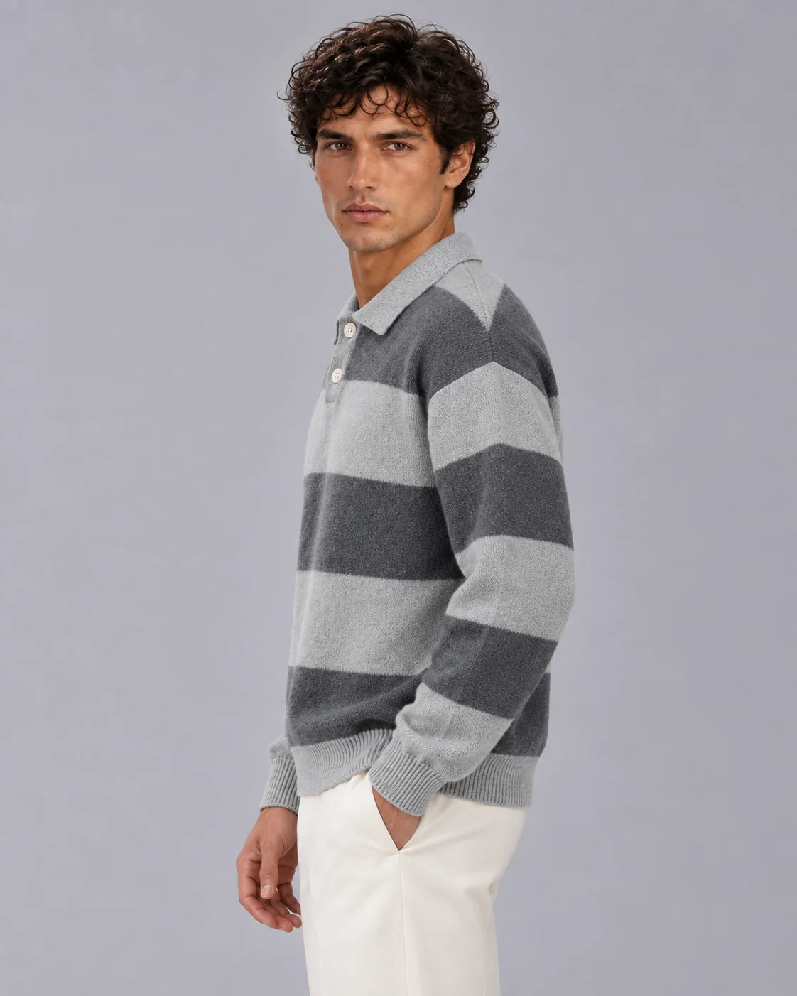 Men's Cotton Blend Rugby Stripe Polo Sweater | Relaxed Fit Long Sleeve Jumper 3