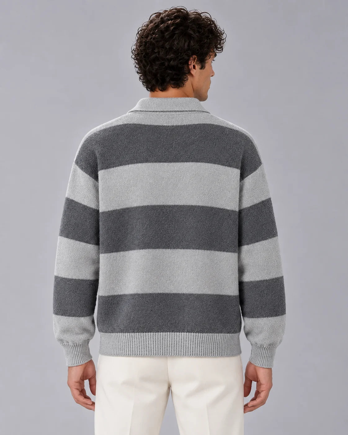 Men's Cotton Blend Rugby Stripe Polo Sweater | Relaxed Fit Long Sleeve Jumper 4
