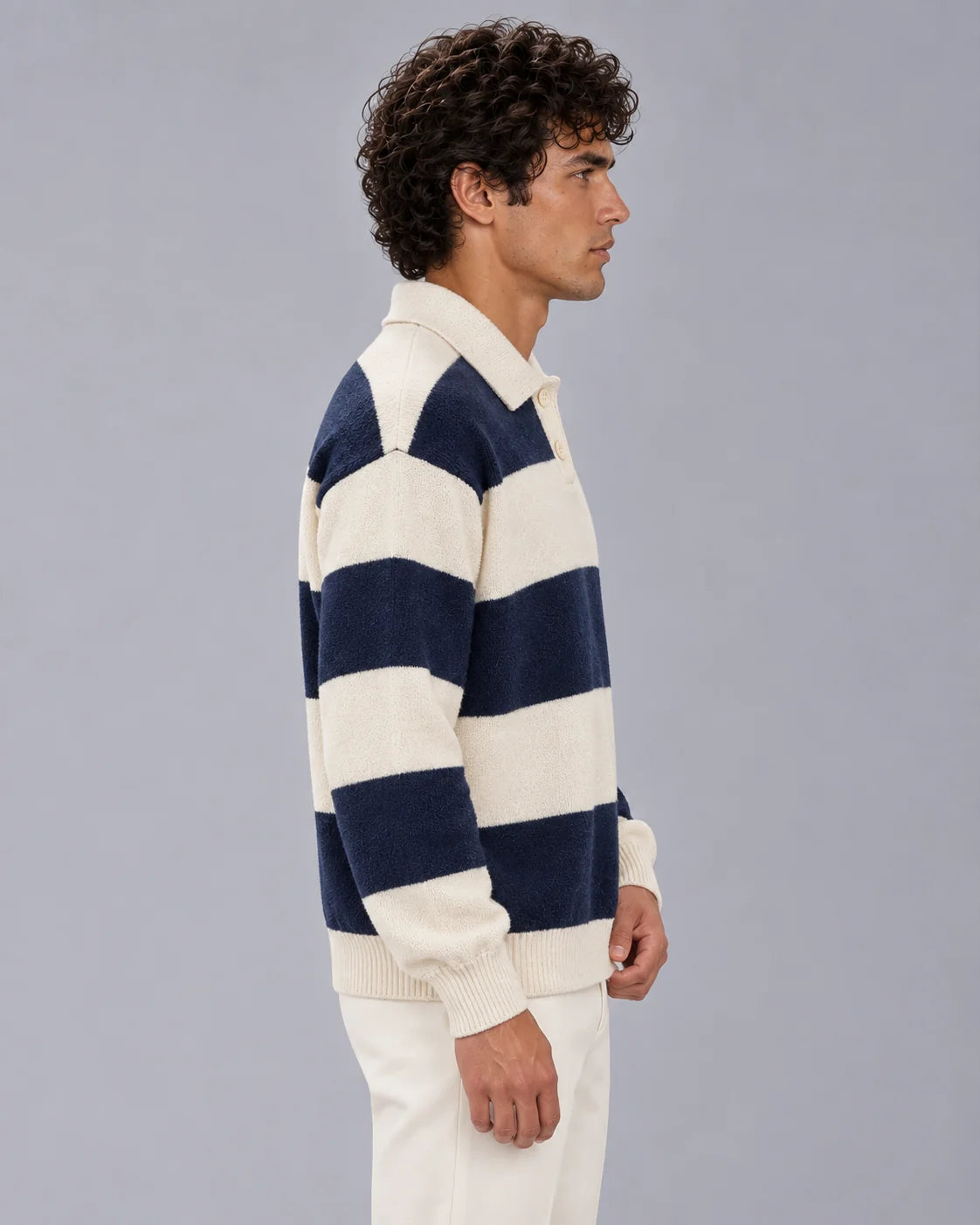 Men's Cotton Blend Rugby Stripe Polo Sweater | Relaxed Fit Long Sleeve Jumper 5