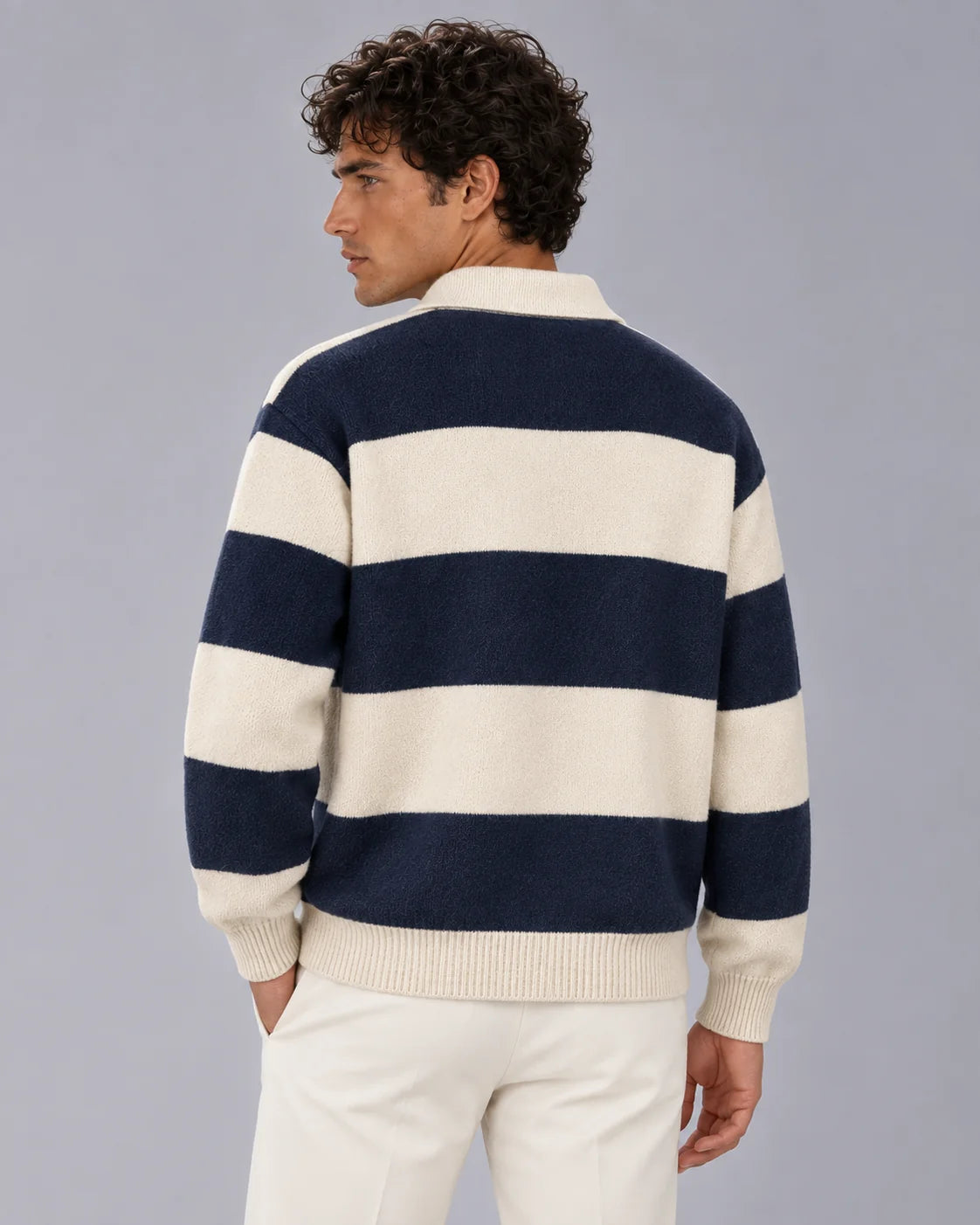 Men's Cotton Blend Rugby Stripe Polo Sweater | Relaxed Fit Long Sleeve Jumper 6