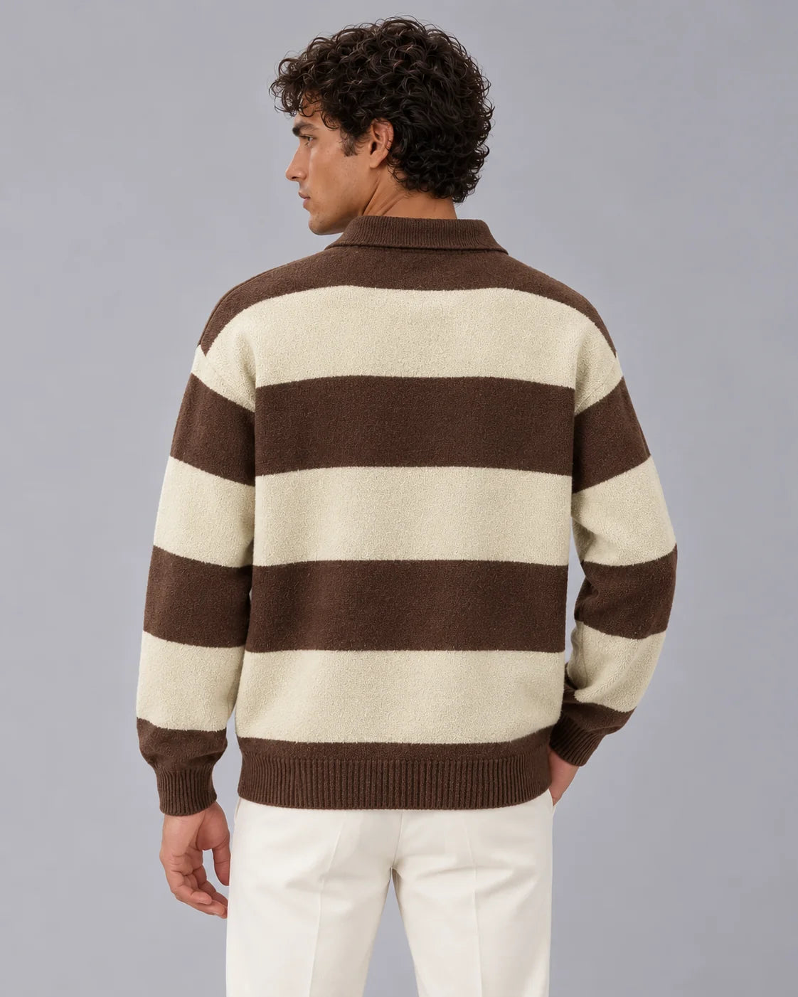Men's Cotton Blend Rugby Stripe Polo Sweater | Relaxed Fit Long Sleeve Jumper 8