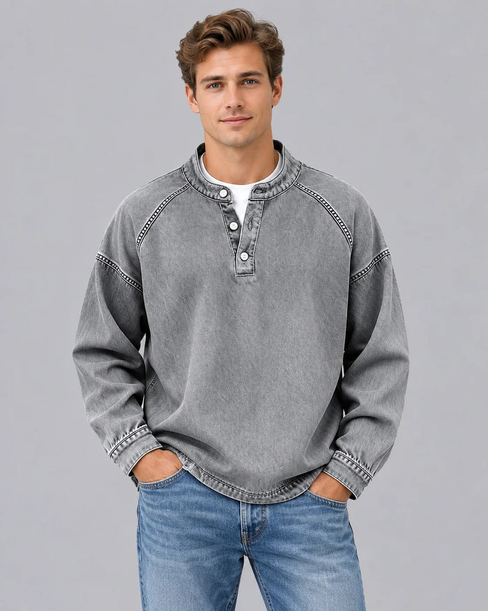 Men's Soft Knit Henley Sweater | Vintage Washed Long Sleeve Pullover | Relaxed Fit Cozy Casual Top 0