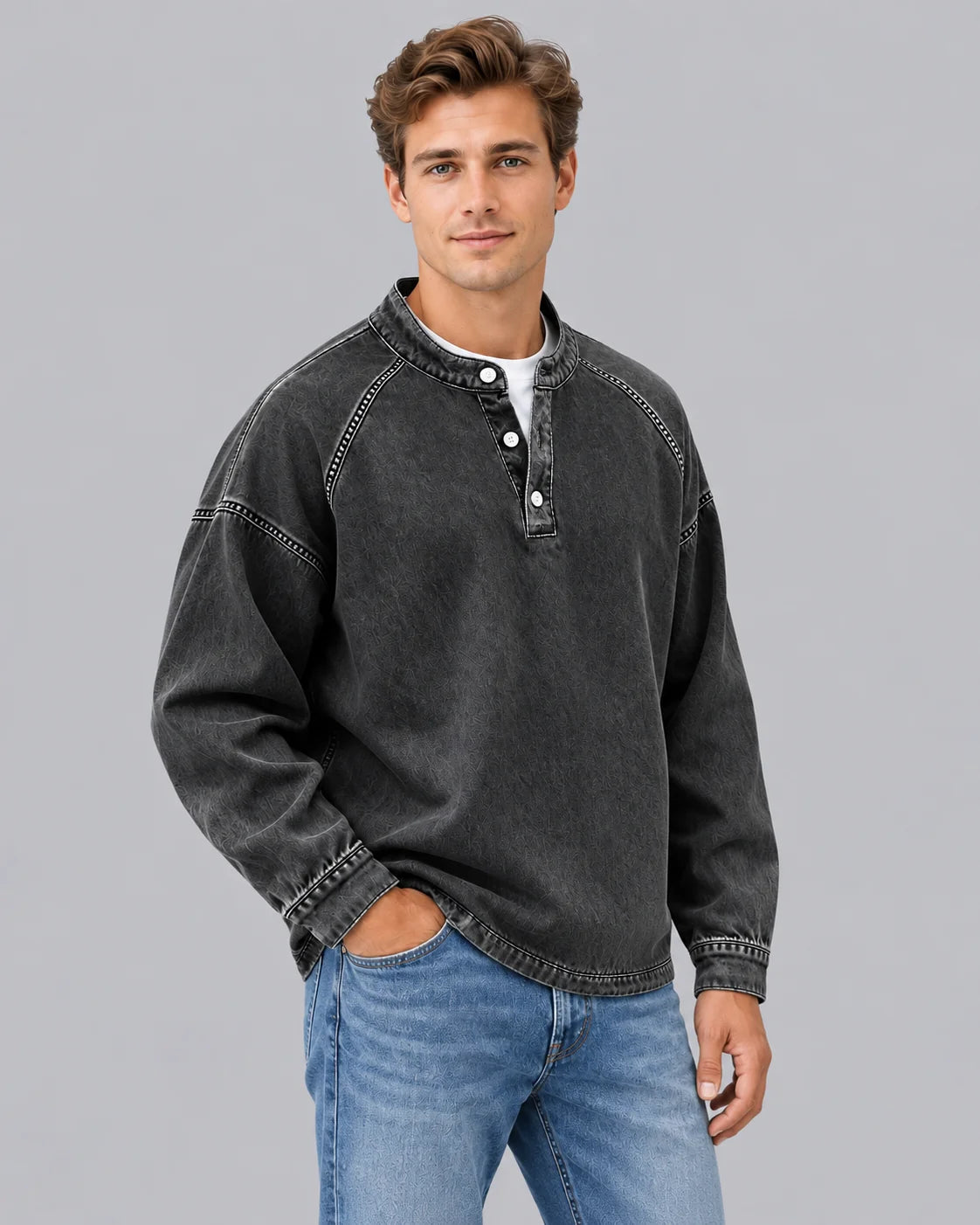 Men's Soft Knit Henley Sweater | Vintage Washed Long Sleeve Pullover | Relaxed Fit Cozy Casual Top 1