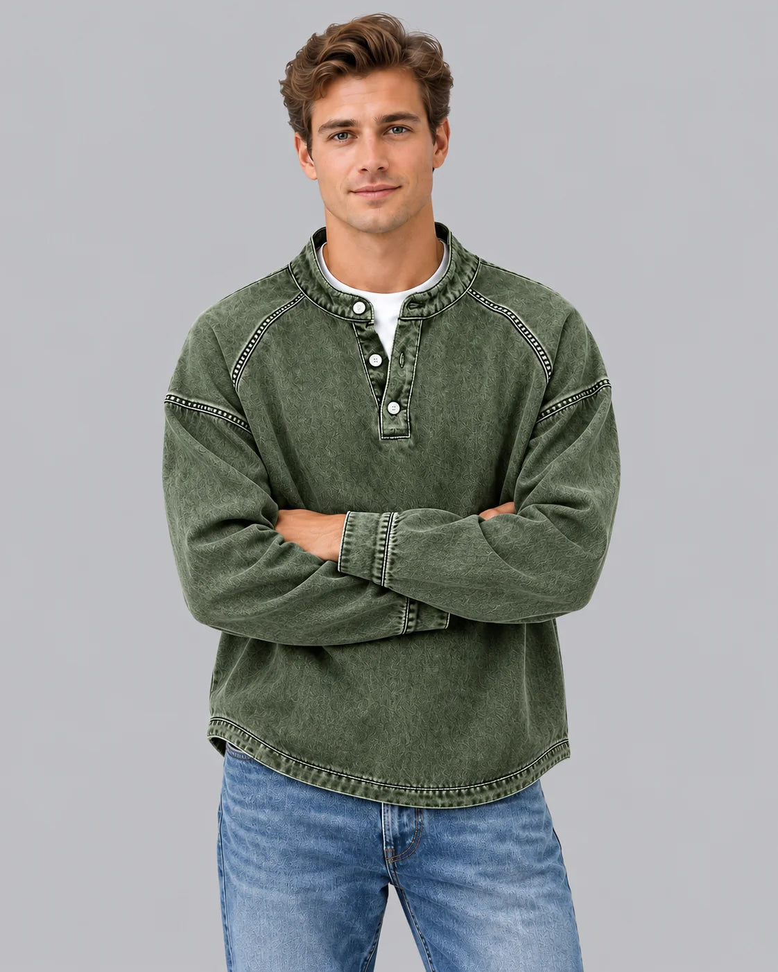 Men's Soft Knit Henley Sweater | Vintage Washed Long Sleeve Pullover | Relaxed Fit Cozy Casual Top 5