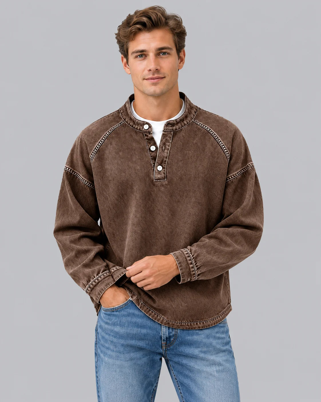 Men's Soft Knit Henley Sweater | Vintage Washed Long Sleeve Pullover | Relaxed Fit Cozy Casual Top 7