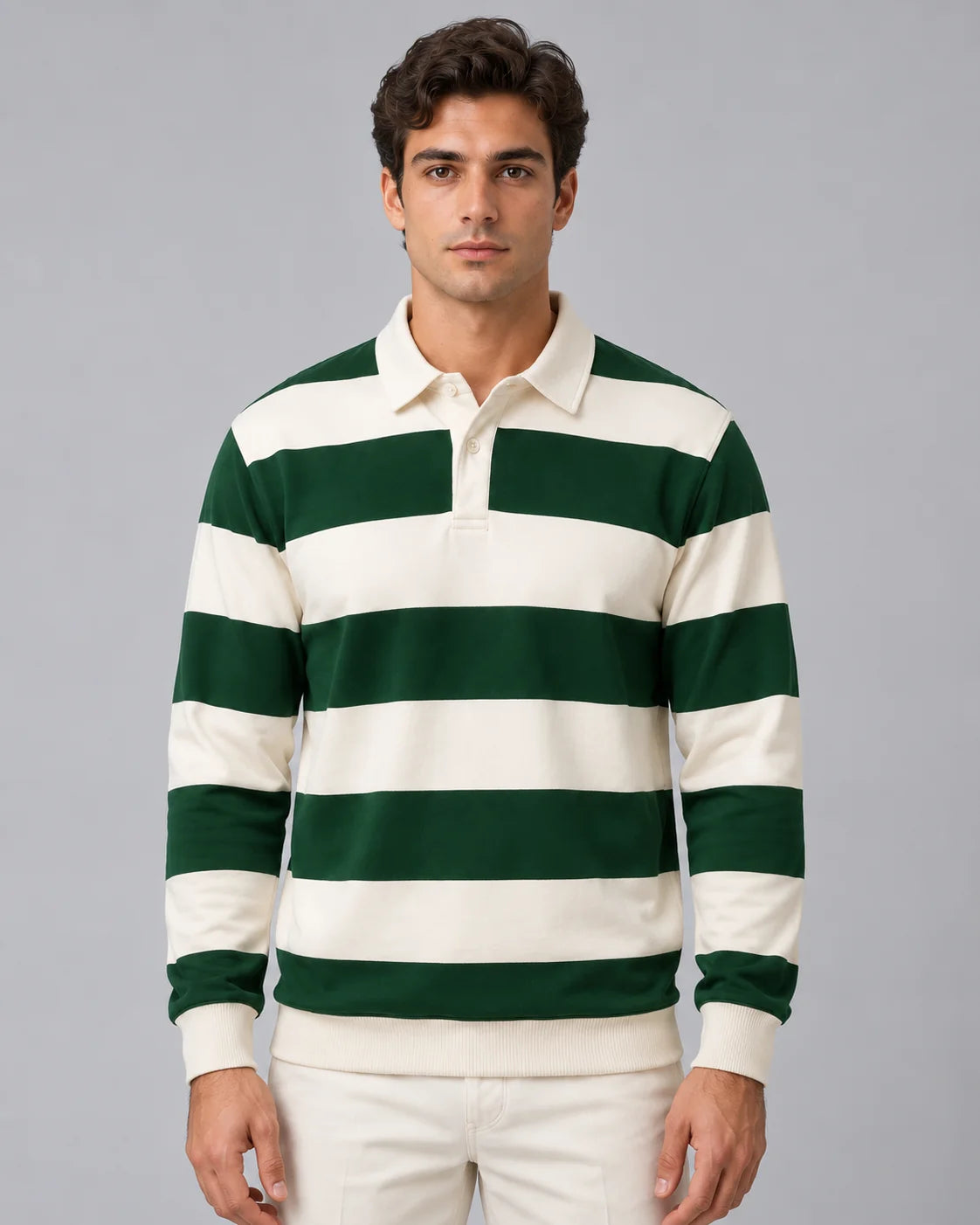 Men's Striped Cotton Long Sleeve Polo | Classic Casual Rugby Shirt 0