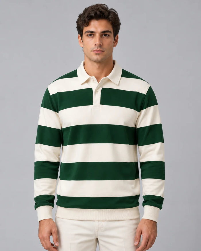 Men's Striped Cotton Long Sleeve Polo | Classic Casual Rugby Shirt 0