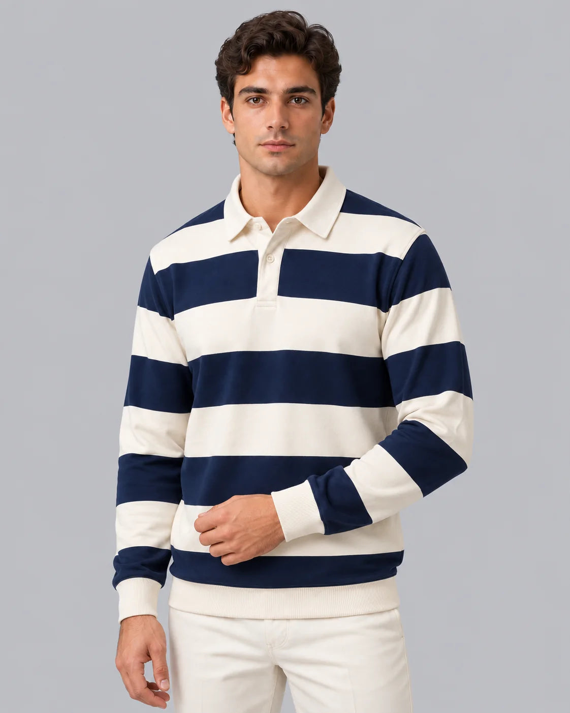 Men's Striped Cotton Long Sleeve Polo | Classic Casual Rugby Shirt 1