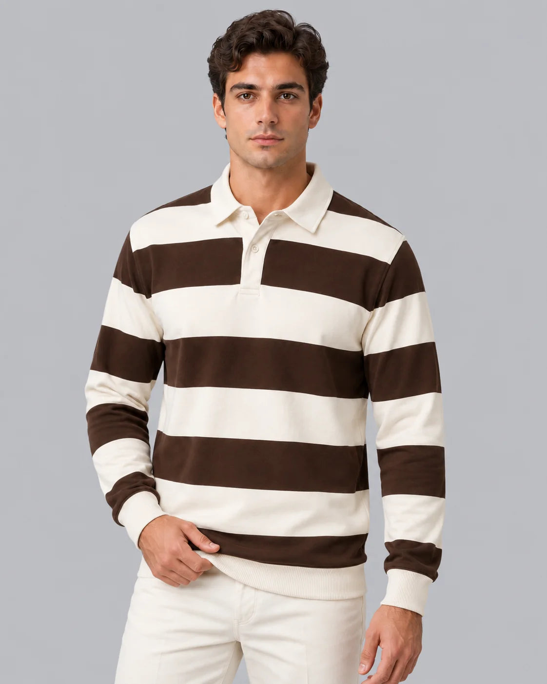 Men's Striped Cotton Long Sleeve Polo | Classic Casual Rugby Shirt 2