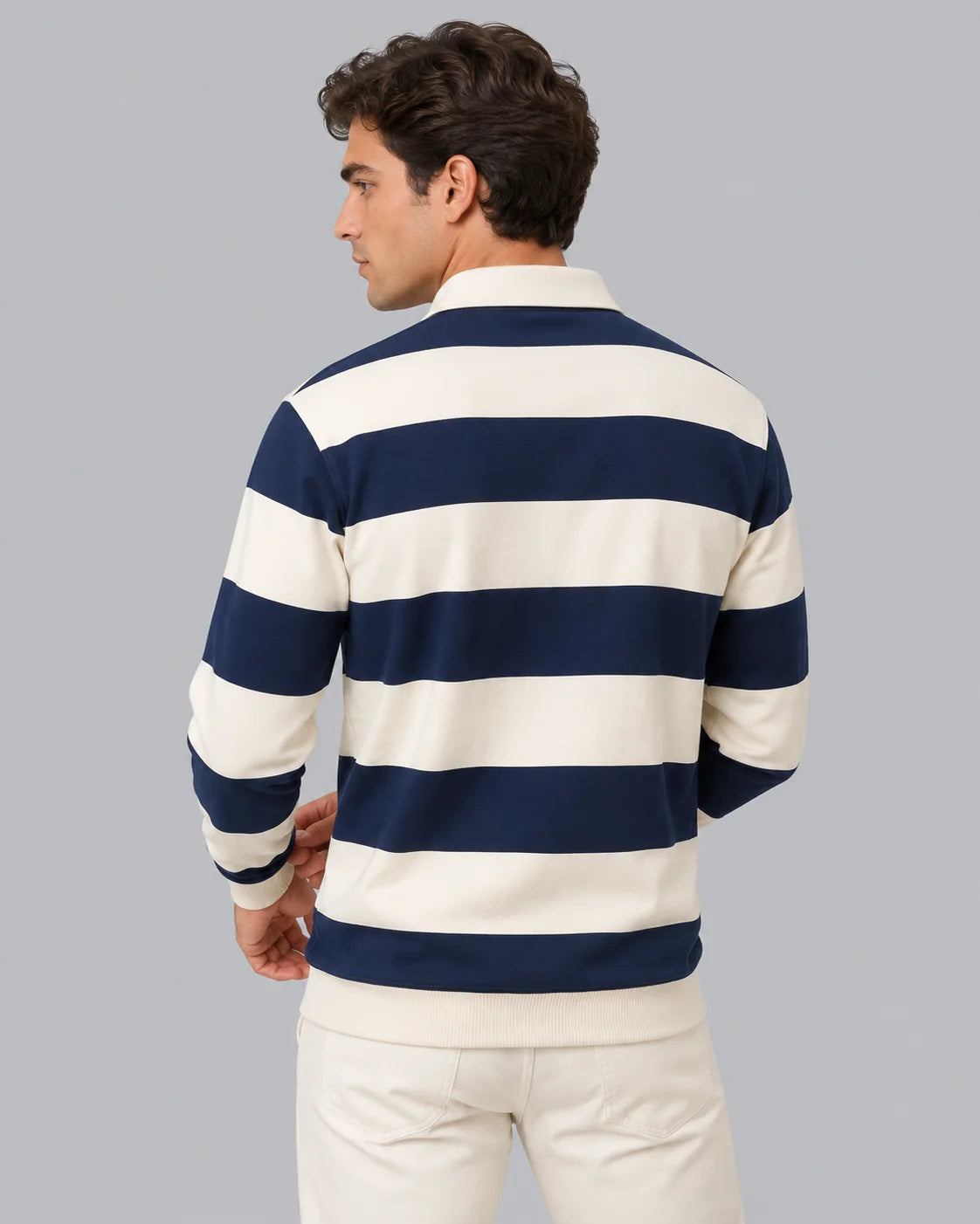 Men's Striped Cotton Long Sleeve Polo | Classic Casual Rugby Shirt 5