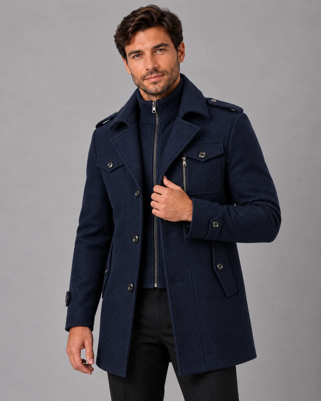 Men's Wool Blend Overcoat | Military-Inspired Long Coat with Detachable Bib 0