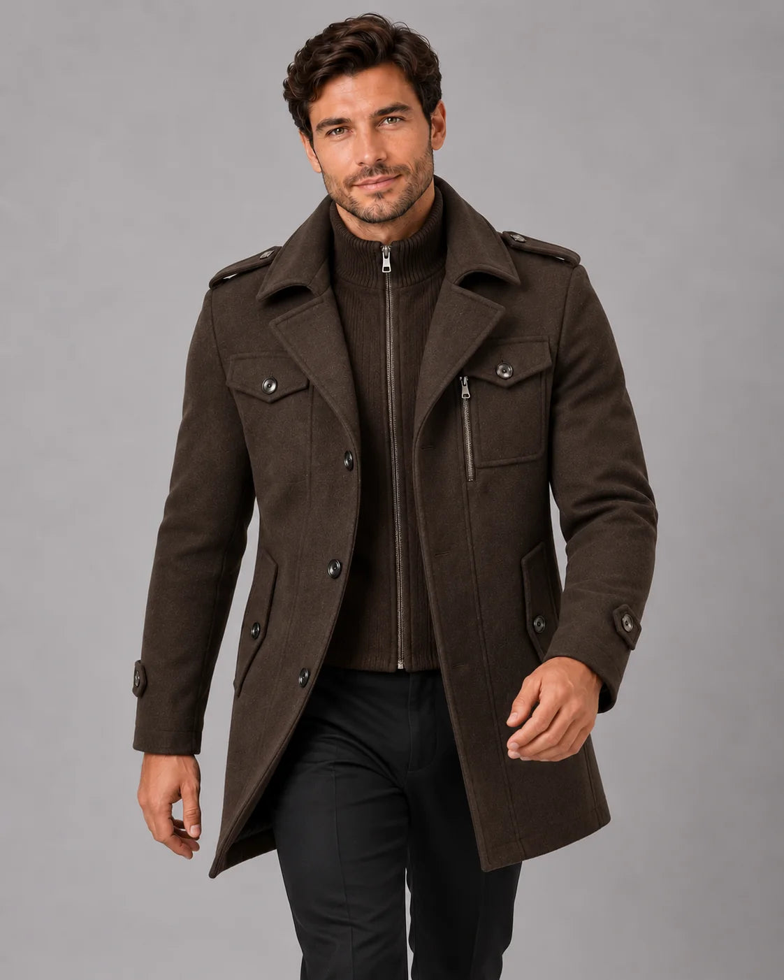 Men's Wool Blend Overcoat | Military-Inspired Long Coat with Detachable Bib 3