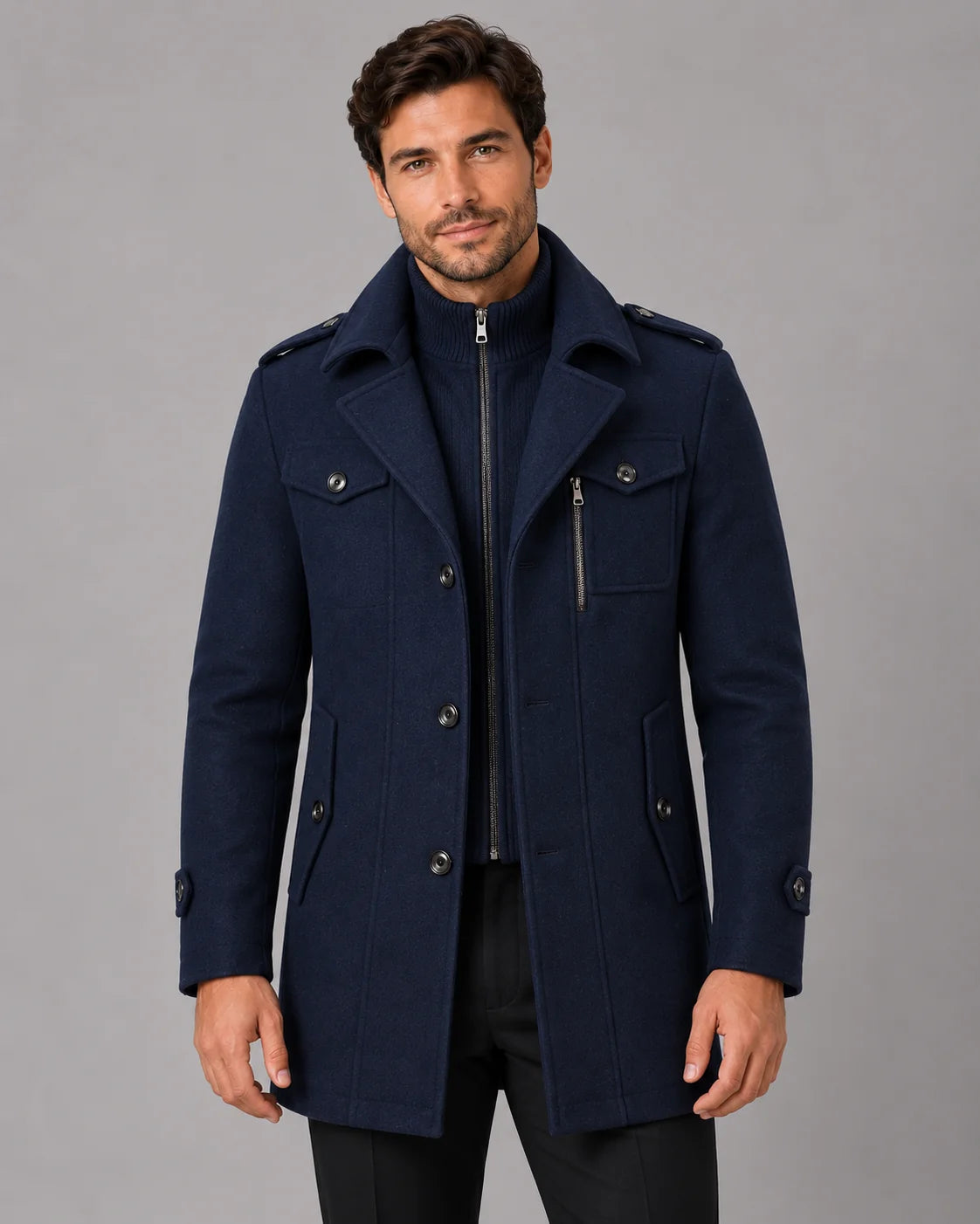 Men's Wool Blend Overcoat | Military-Inspired Long Coat with Detachable Bib 5