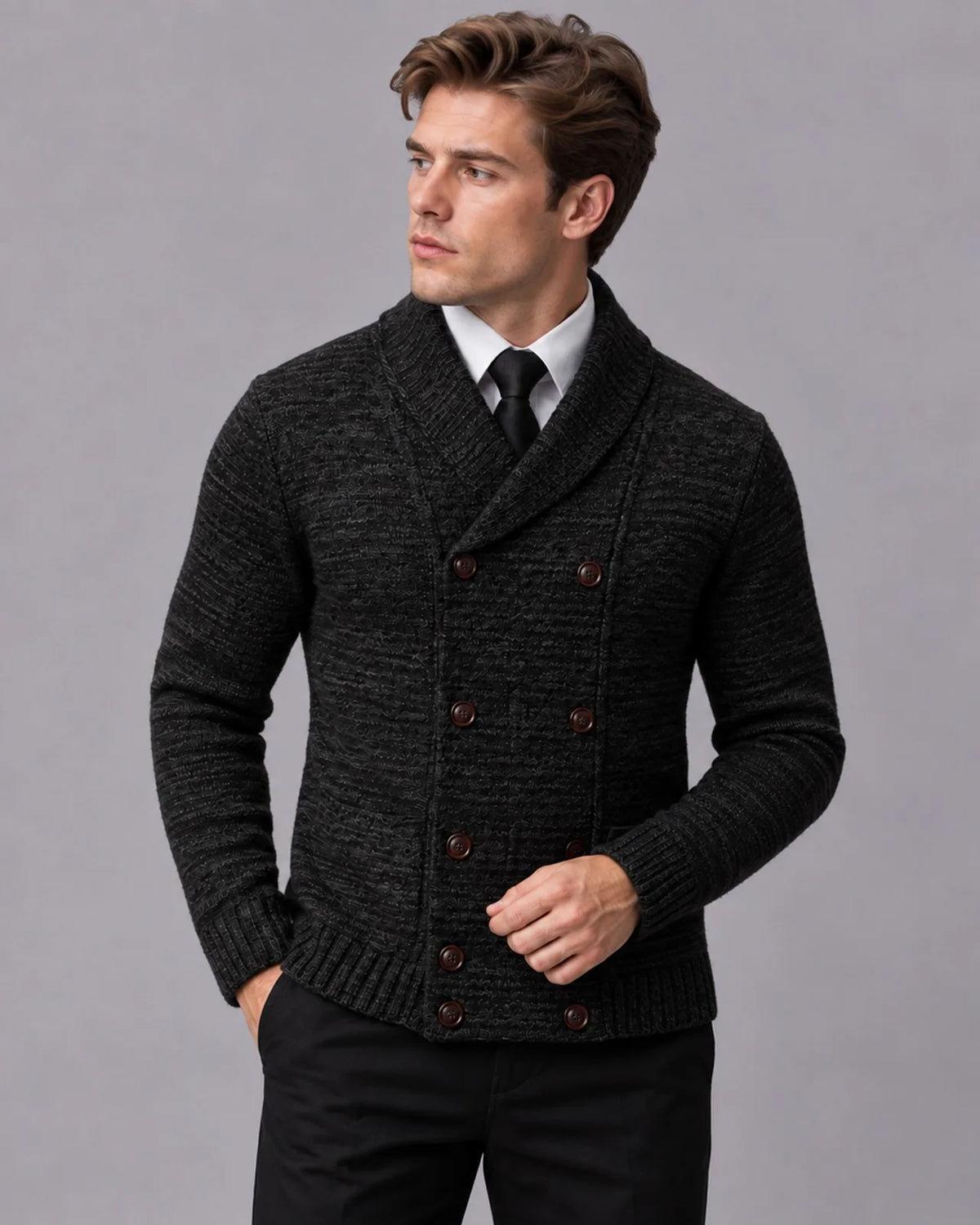 Men's Wool Shawl Collar Cardigan | Stylish Double-Breasted Knit Layer 3