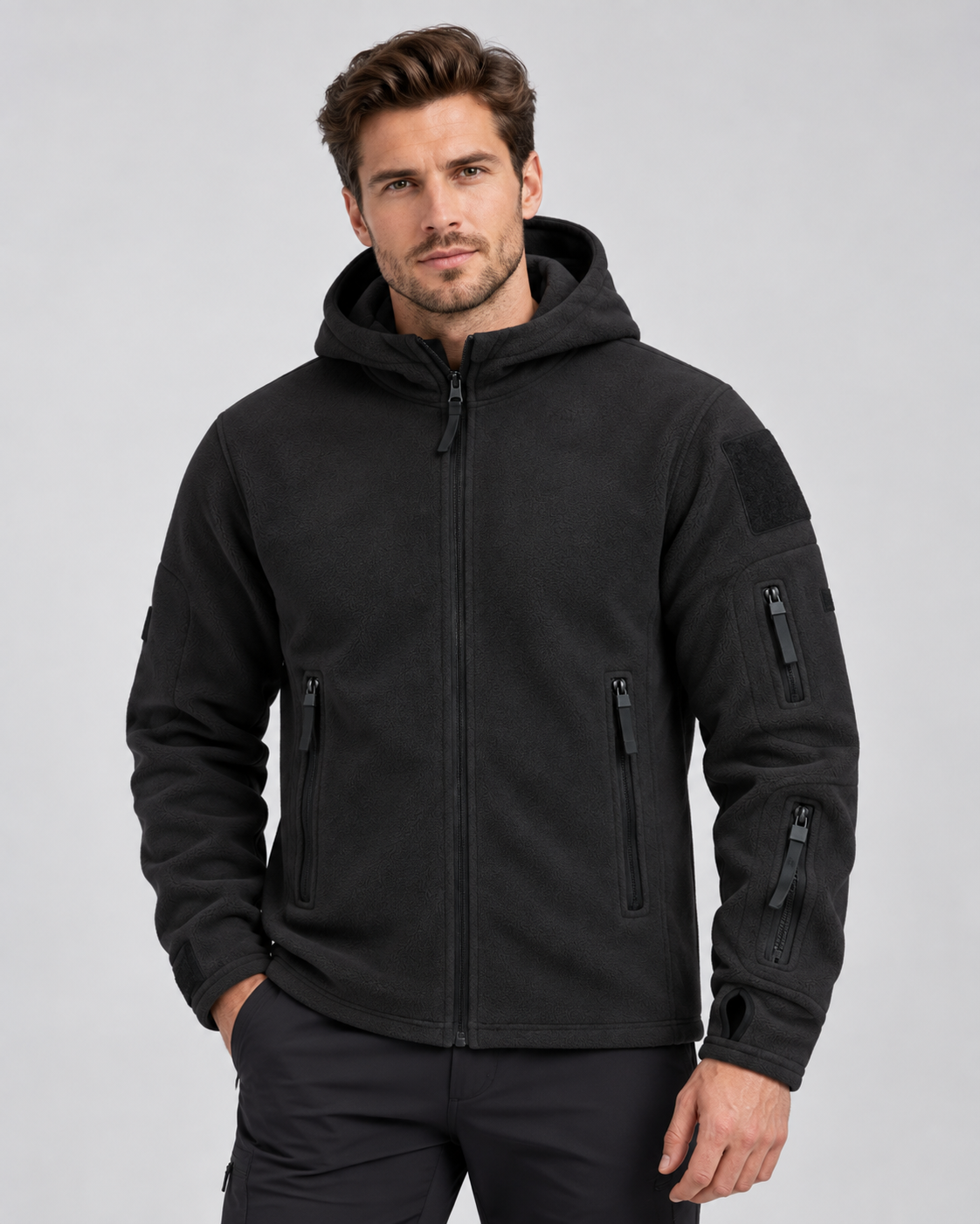 Men's Full-Zip Fleece Jacket - Hooded Multi-Pocket Regular Fit