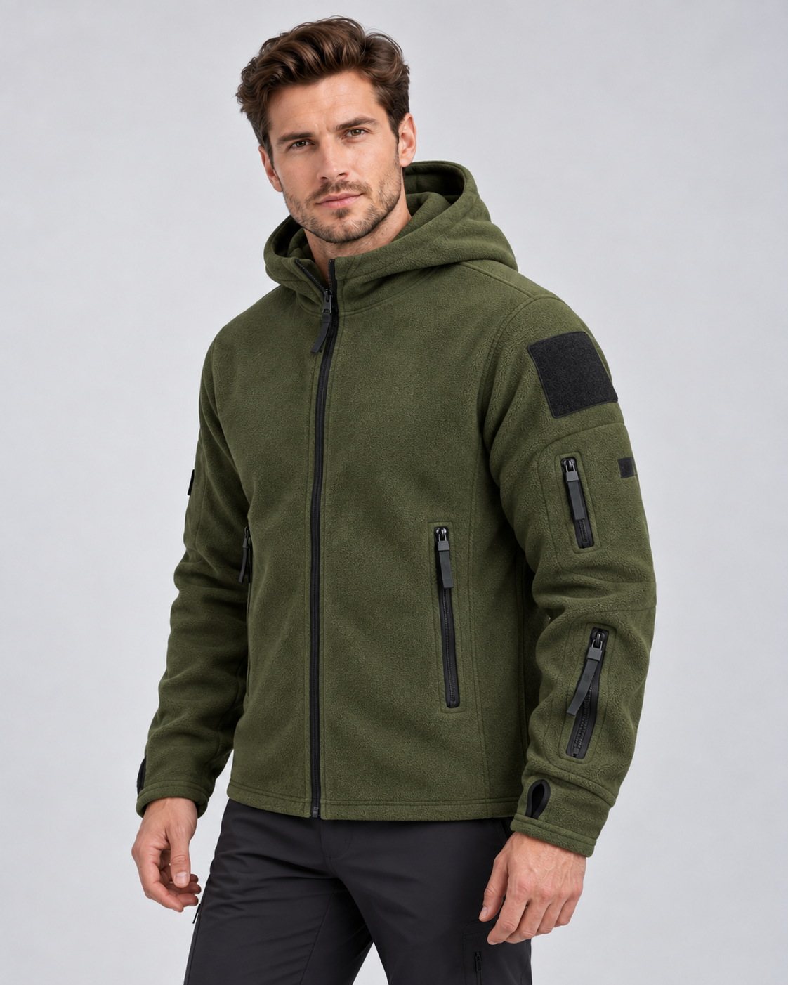 Men's Full-Zip Fleece Jacket - Hooded Multi-Pocket Regular Fit