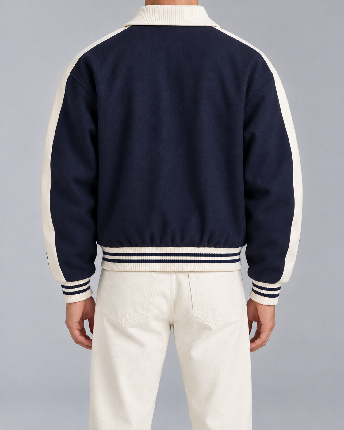 Men's Varsity Jacket - Contrast Stripe Snap-Button Relaxed Fit
