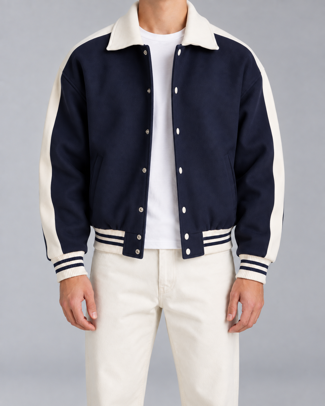 Men's Varsity Jacket - Contrast Stripe Snap-Button Relaxed Fit