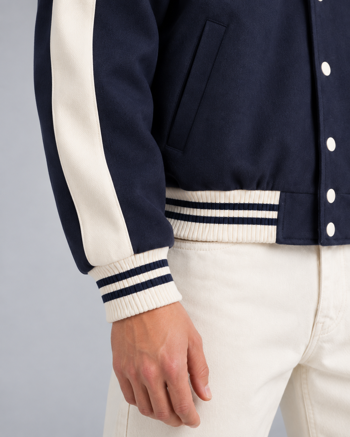 Men's Varsity Jacket - Contrast Stripe Snap-Button Relaxed Fit