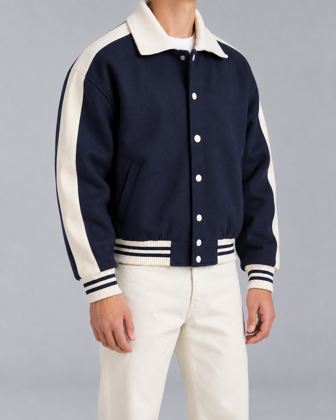 Men's Varsity Jacket - Contrast Stripe Snap-Button Relaxed Fit