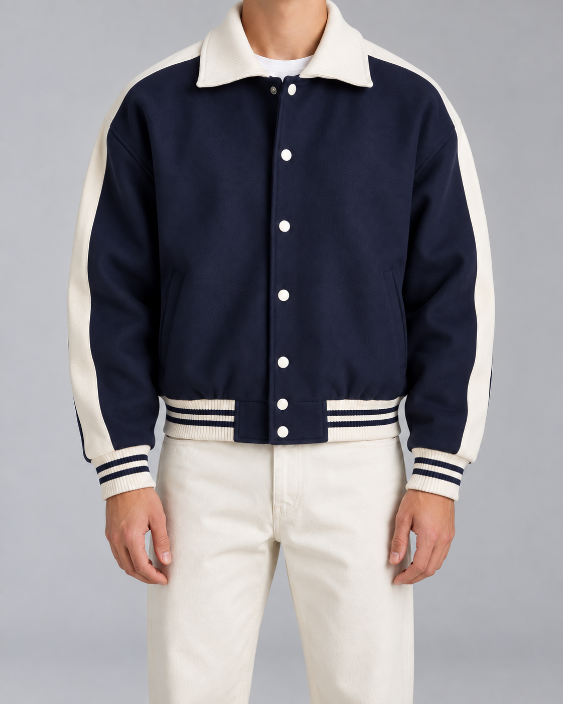 Men's Varsity Jacket - Contrast Stripe Snap-Button Relaxed Fit