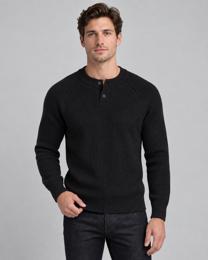 Men's Ribbed Henley Sweater - Button Placket Raglan Sleeve